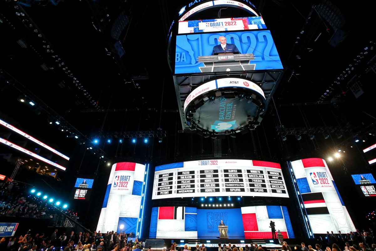 A general view as NBA commissioner Adam Silver speaks before the first round of the 2022 NBA Draft